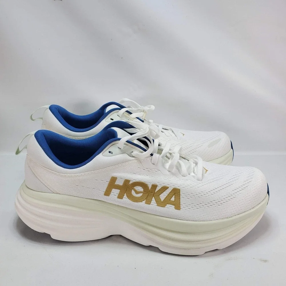 Hoka Bondi 8 Running Shoes Mens 10.5 White Gold Blue Cushioned Road Sneakers